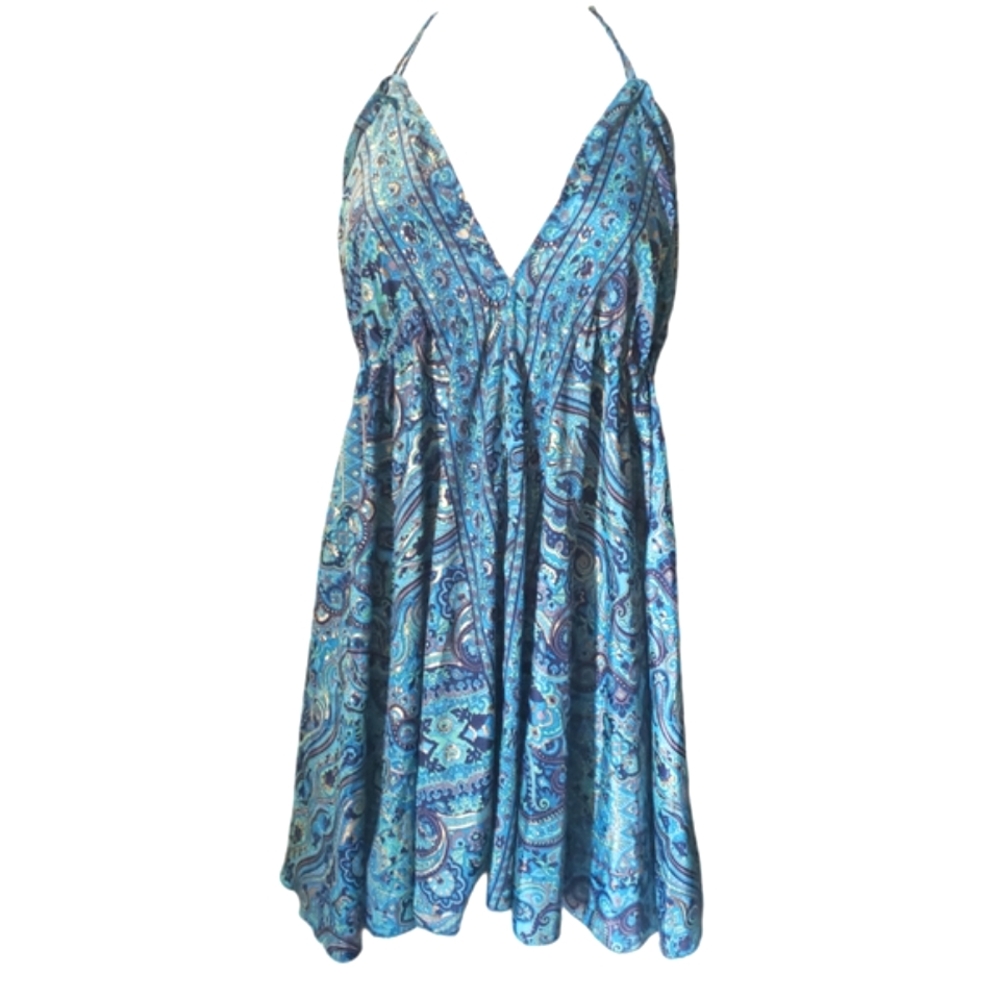Beautifully Designed Boho Silk Dress Turquoise, Green, Brown & Gold. One Size